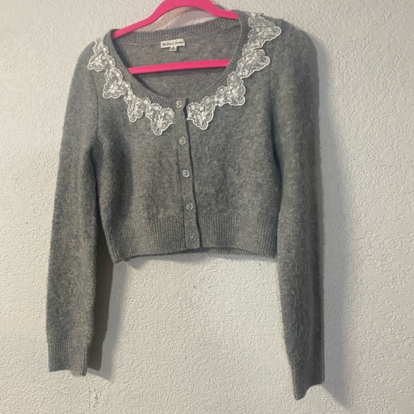 For Love And Lemons Arinah Gray Cardigan with White scalloped Lace Trim - Picture 2 of 10